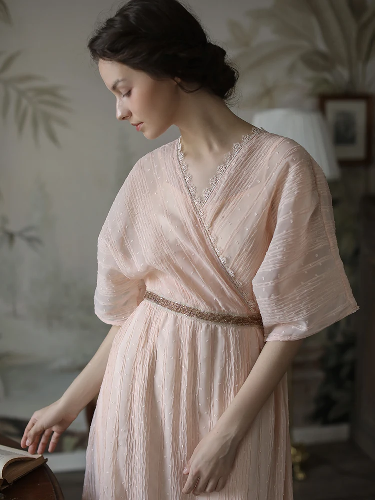 Summer Original Design Women Sweet Mori Kei Lace Patchwork Royal Vintage Handmade Beading Pleated Pastel Pink V-neck Dresses