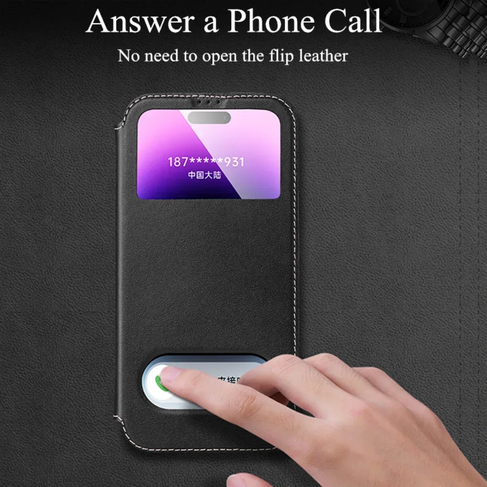 Чехол для телефона из натуральной кожи с прозрачным окошком iPhone 16 15 14 13 12 11 Pro Max XR XS