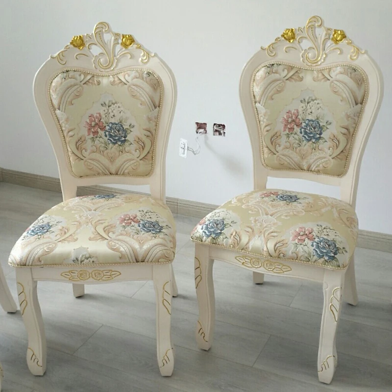 

European style solid wood dining chair simple household stool leisure restaurant desk chair armchair French carved white chair
