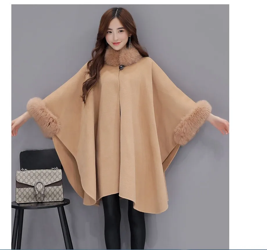 

Ponchos and Capes Women 2023 Christmas Fashion Flare Sleeve Faux Fox Fur Collar Winter Wool Cloak Cape Coat Poncho Long Overcoat