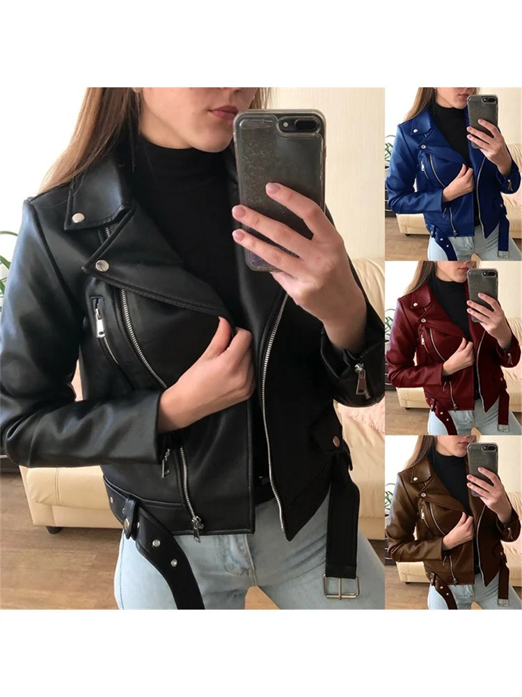 Leather Jacket Women Short Slim 2022 Spring Autumn New Fashion PU Coat Female Moto Clothing With Belt Red Blue Black Outerwear