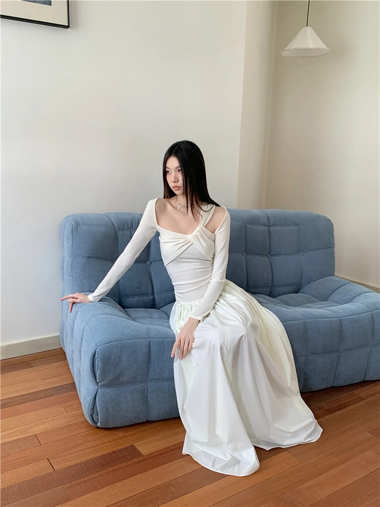 Вязаное лоскутное платье для женщин весной и осенью с новым выдолбленным