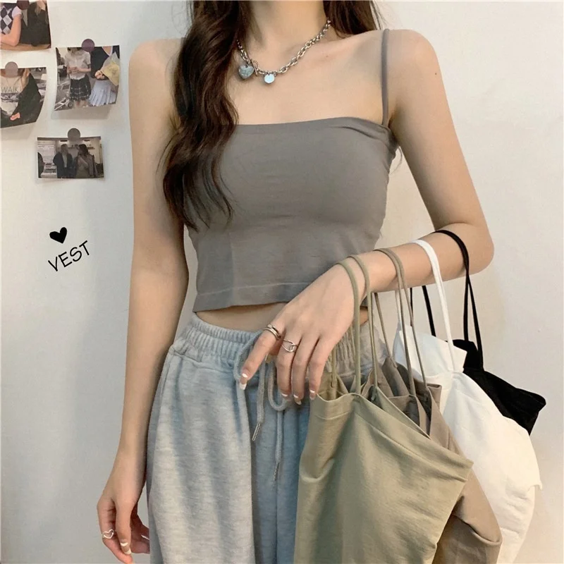 

2022 Women Suspender Bm Style Vest Spicy Girls Wear Sleeveless Open Navel Blouse Outside with Bra Pad in Summer