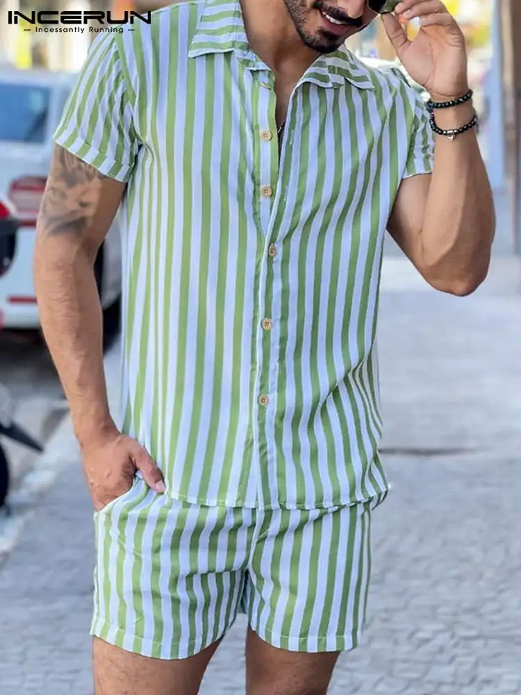 

INCERUN 2022 Handsome Well Fitting New Men's Short Sleeve Shorts Suits Stylish Male All-match Loose Striped Two-piece Sets S-5XL