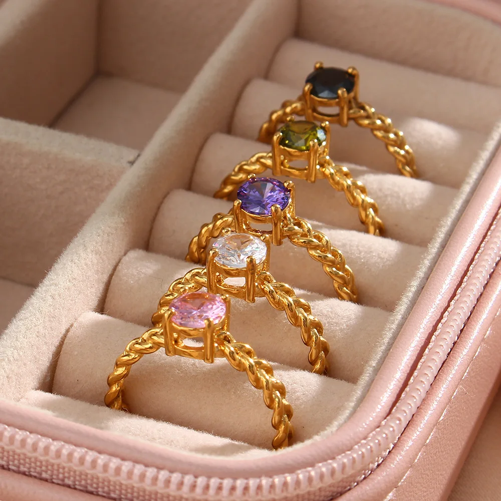 

G&D Luxury Waterproof Stainless Steel Crystal Ring 18 K Twisted Adjustable Ring Gold Plated Colorful Zircon Jewelry for Women