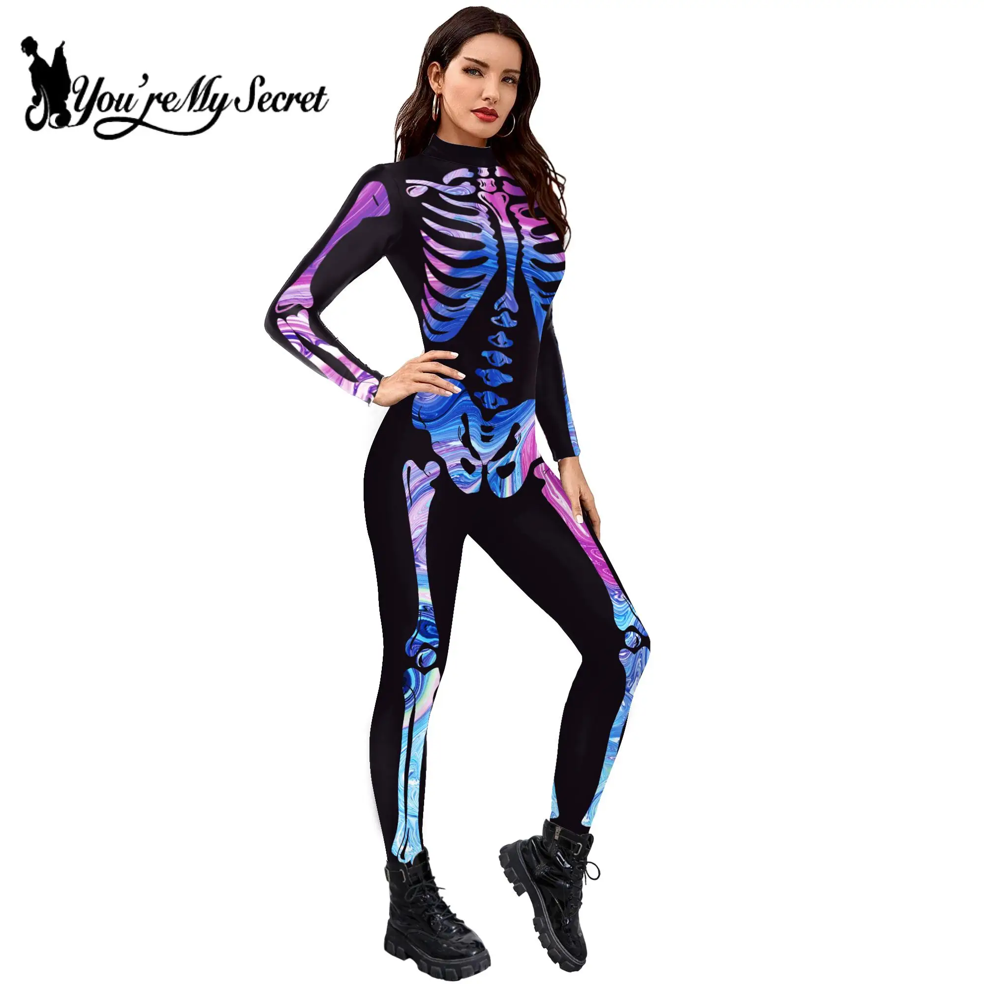 [You're My Secret] Halloween Costumes for Women Adult Skeleton Jumpsuit 3D Print Scary Carnival Party Performance Tights |