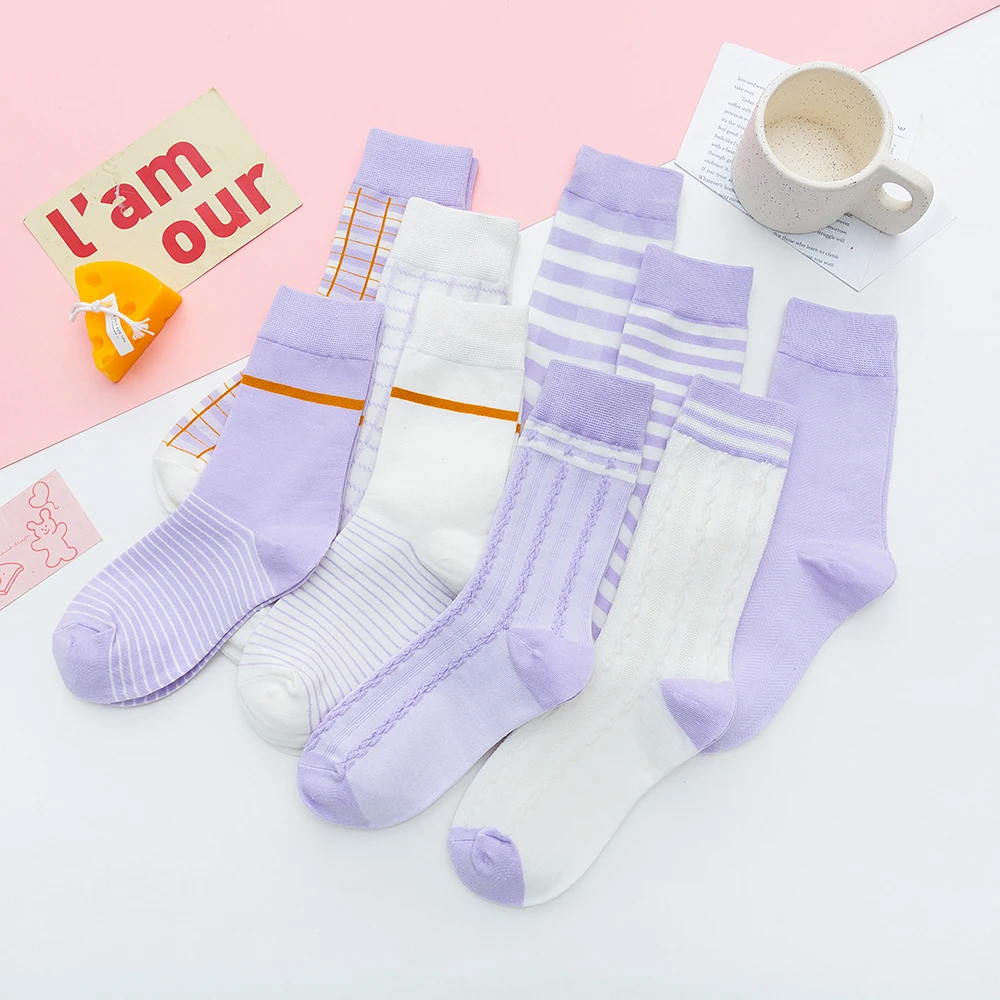 

Cotton Thin Houndstooth Stripe Purple Mid-tube Women's Socks Cute Fashion Casual Breathable Sweat-absorbing Stockings for Girls