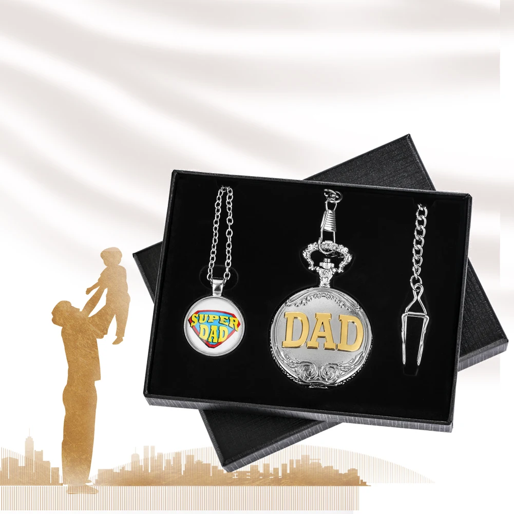 Meaningful Father's Day Gift Exquisite Silver Quartz Pocket Watch Set Gift Box Pendant Super Dad Necklace Waist Chain Clock Gift