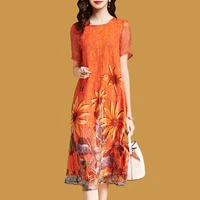 oversized dress casual loose midi dress women 2021 summer orange flower printed short sleeve national style dress 4xl