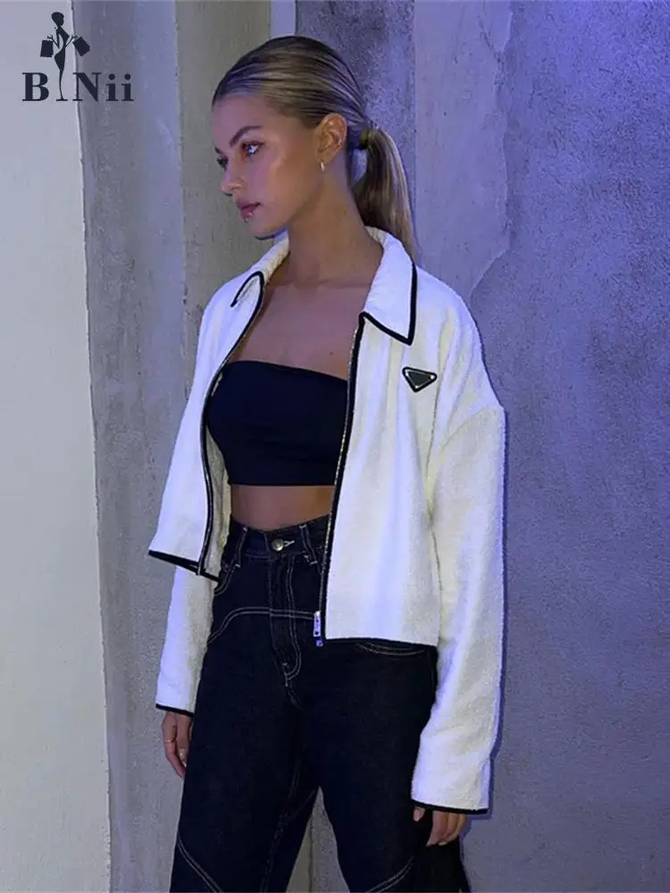 

BiNii Autumn Sexy Loose Jackets For Women 2022 Long Sleeve Zipper Coats Woman Casual White Wool Party Jackets Female