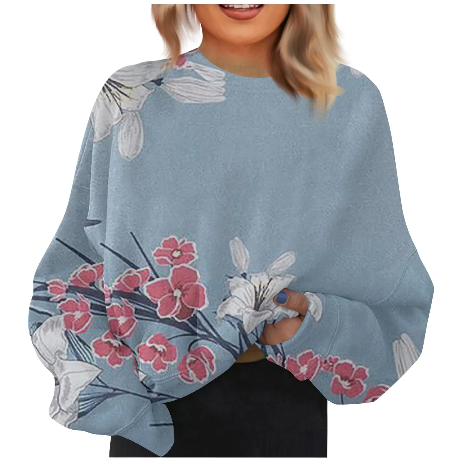 

Women'S Fashionable Printed Round Neck Long Sleeved Top Casual Loose Fitting Pullover Sweater Simple And Cute New Fashion