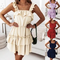 ebaywomens solid color strap stitching double layer ruffled dress