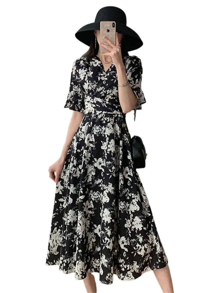 

Шифоновое платье-трапеция с коротким рукавом, Летнее белое женское платье с цветочным принтом в стиле ретро, повседневные модные платья в стиле Хай-стрит с V-образным вырезом, 2023