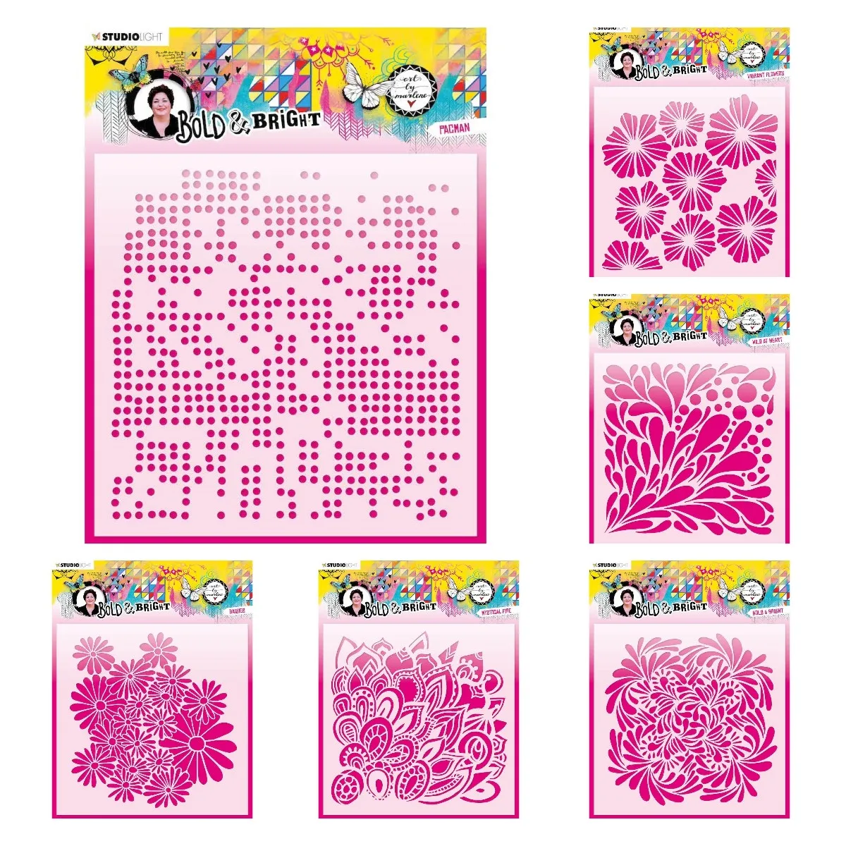 

Vibrant Flowers Daisies Pacman Abm Bold Bright Mystical Fire Wild at Heart Stencils Diy Paper Cards Scrapbooking Coloring Molds