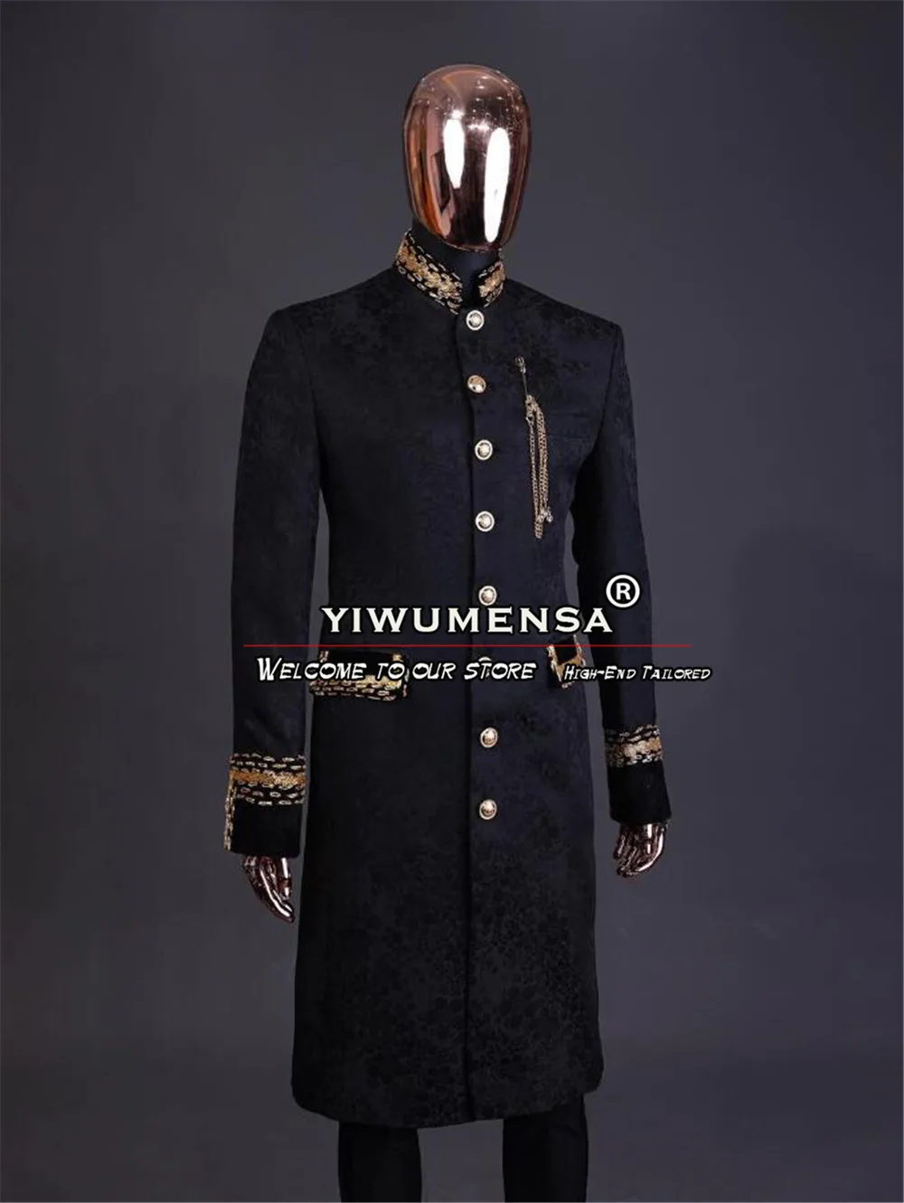 Женское шерстяное пальто однобортное длинное с золотыми бусинами