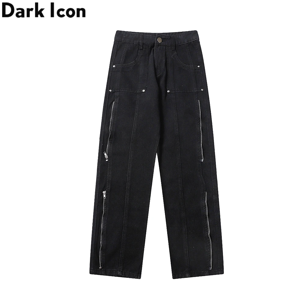 

Dark Icon Zippers Straight Jeans Men Pocket Black Denim Pants