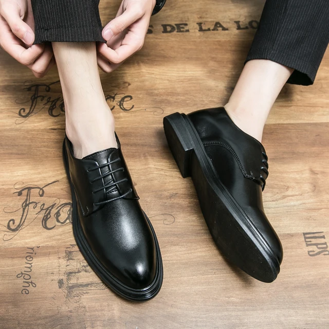 Derby Shoes Men PU Leather Shoes Solid Color Lace-up Thick Bottom Round Head Comfortable Business Dress Shoes 5