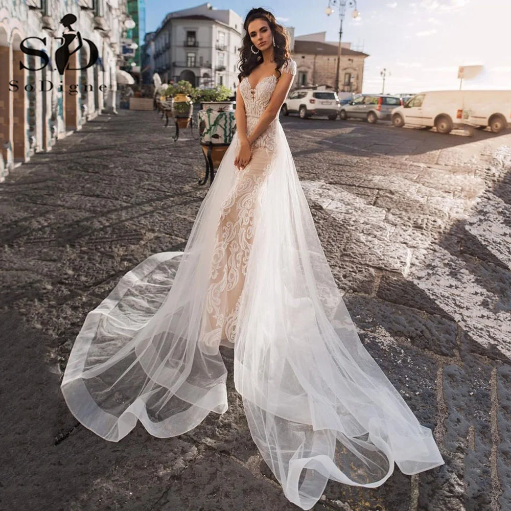 

SoDigne Champagne Wedding Dresses Lace Appliques Cap Sleeves Bridal Dress With Detachable Tail Boho Wedding Gowns