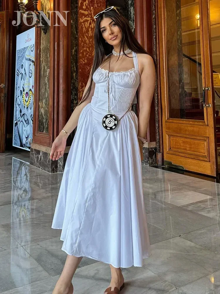 JONN 2024 летнее элегантное белое платье миди без рукавов со шнуровкой на талии для