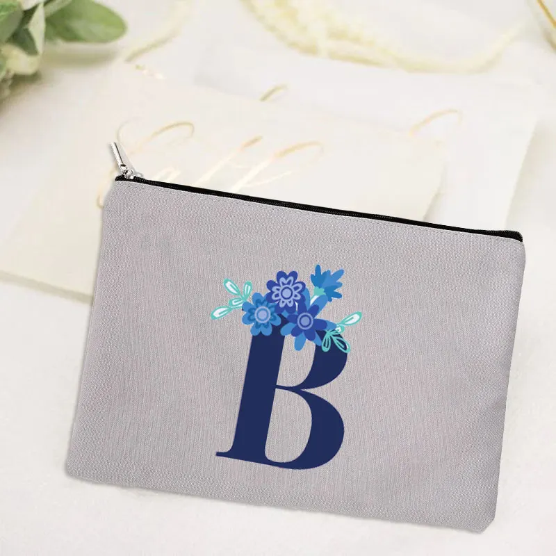 Female Organizer School Pencil Cases Carrying Bag for Coin Purse Blue Flower 26 Letters Women's Grey Cosmetic Makeup Bags