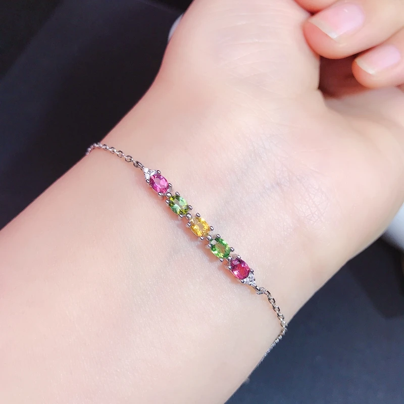 Natural tourmaline Bracelet 925 sterling silver hot rainbow color women's gift