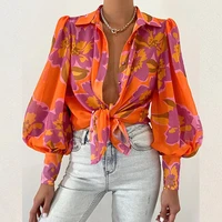 2022 summer womens shirt print orange lapel puff sleeve single breasted shirts female new elegant sexy fashion ladies clothes