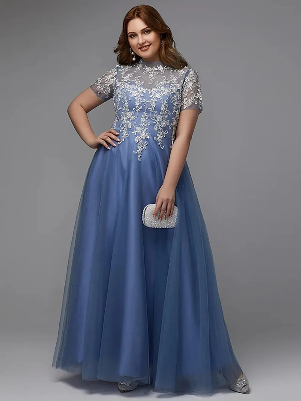 

A-Line Plus Size Dress Prom Floor Length Short Sleeve High Neck Lace Lace-up with Appliques 2022 Formal Evening Vestido Robe