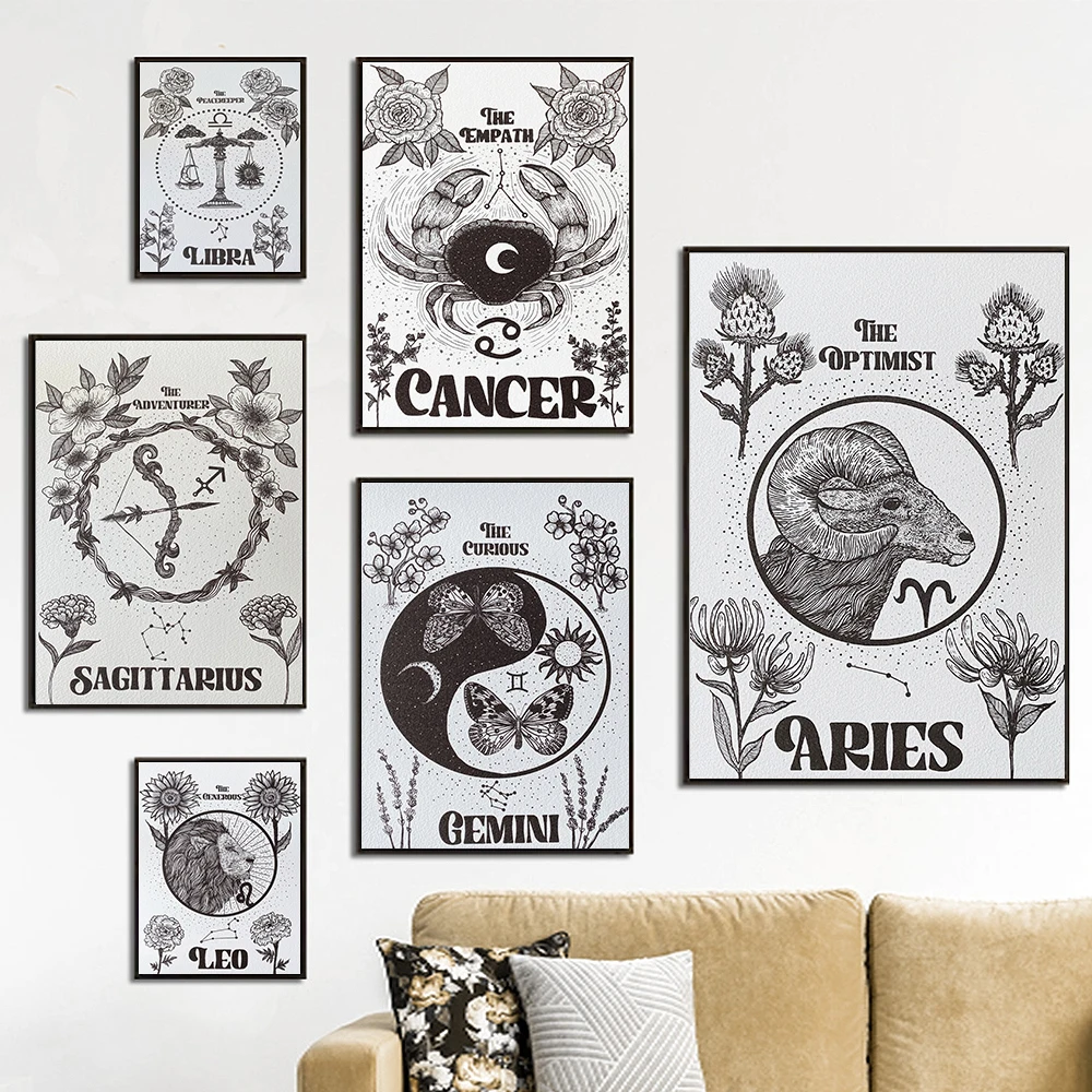 Ретро-постер 12 созвездия зодиака астрологические знаки Картина на холсте Бохо