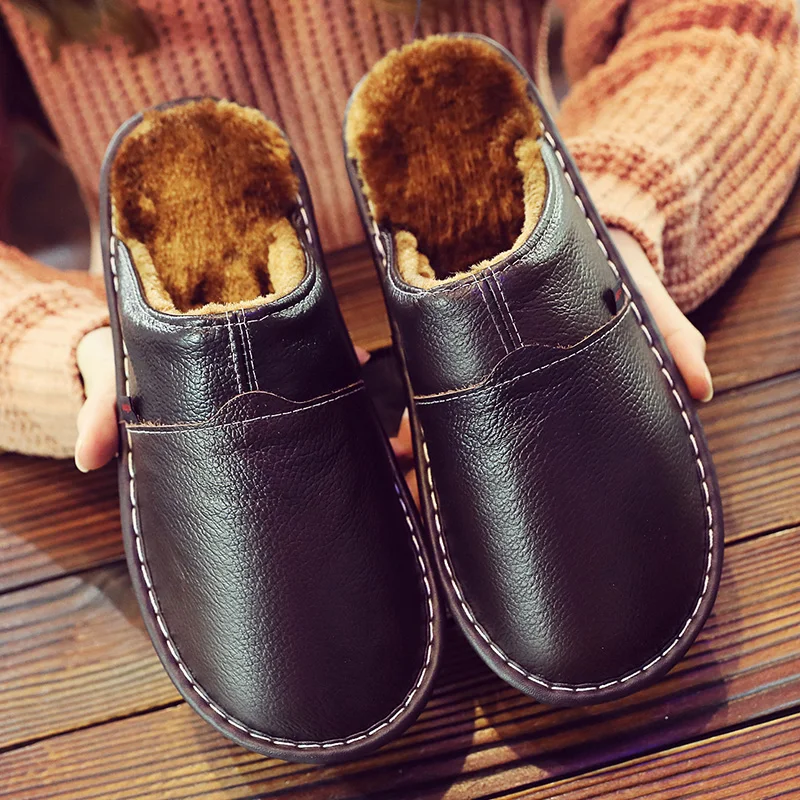 For Winter Warm Plush Slippers Women Bedroom Genuine Leather