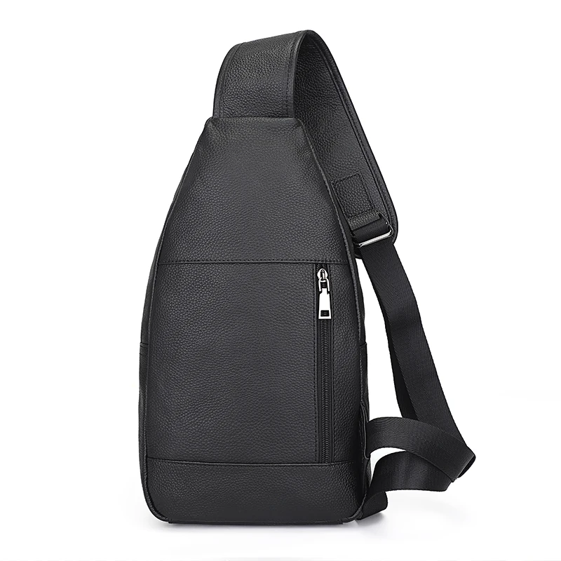 Men's Leather Chest Bag Fashion Top Layer Cowhide Casual Messenger Bag Male Black Leather Shoulder Bag Large-Capacity Sport Bag