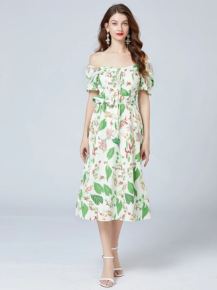 Women Runway Dress 2020 High Quality Summer Square Collar Short Sleeves Floral Print Mermaid Dress Casual Dresses