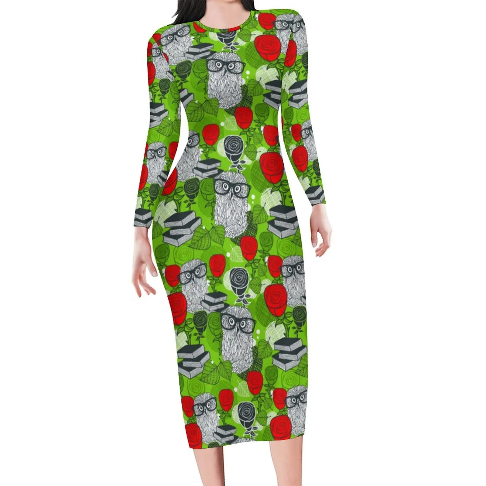 

Cute Owl Bodycon Dress Spring Red Roses Print Cute Dresses Ladies Long Sleeve Custom Street Wear Dress Big Size 4XL 5XL