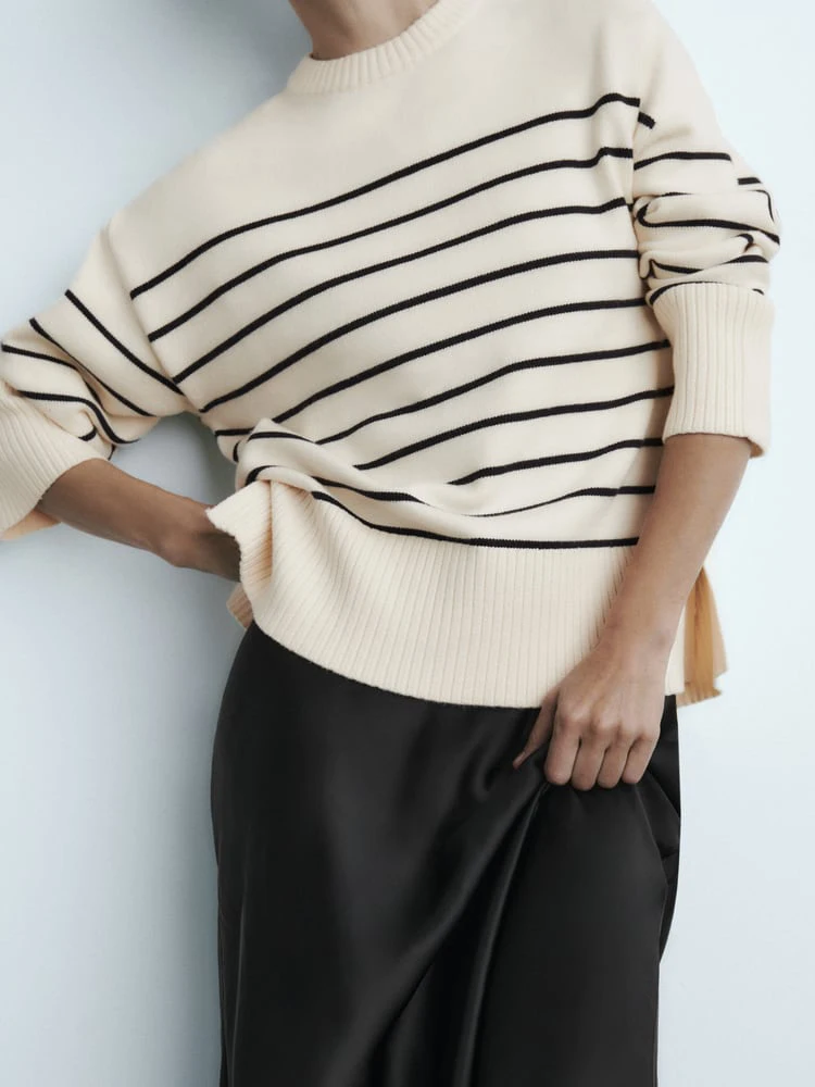 

CamKemsey женские зимние свитера 2023 шикарный с Боковым Разрезом Повседневный О-образный вырез ретро полосатый свободный с длинным рукавом мягкий кашемировый вязаный пуловер