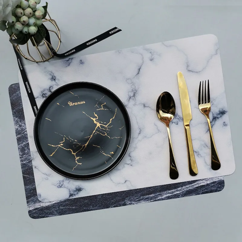

Luxury PVC Leather Placemat 43x30cm Black White Marble Pattern Table Mat Heat Resistant mat Waterproof Placemats Bowl Coaster