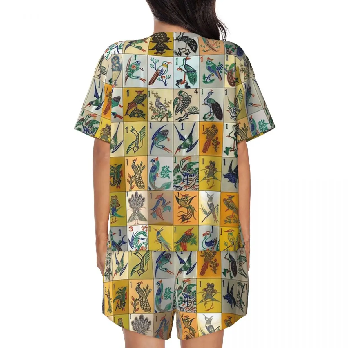 Фото Ночные рубашки с круглым вырезом и короткими рукавами с принтом Mah Jongg Birds Mahjong Tiles, женские мягкие пижамные комплекты с короткими брюками №3