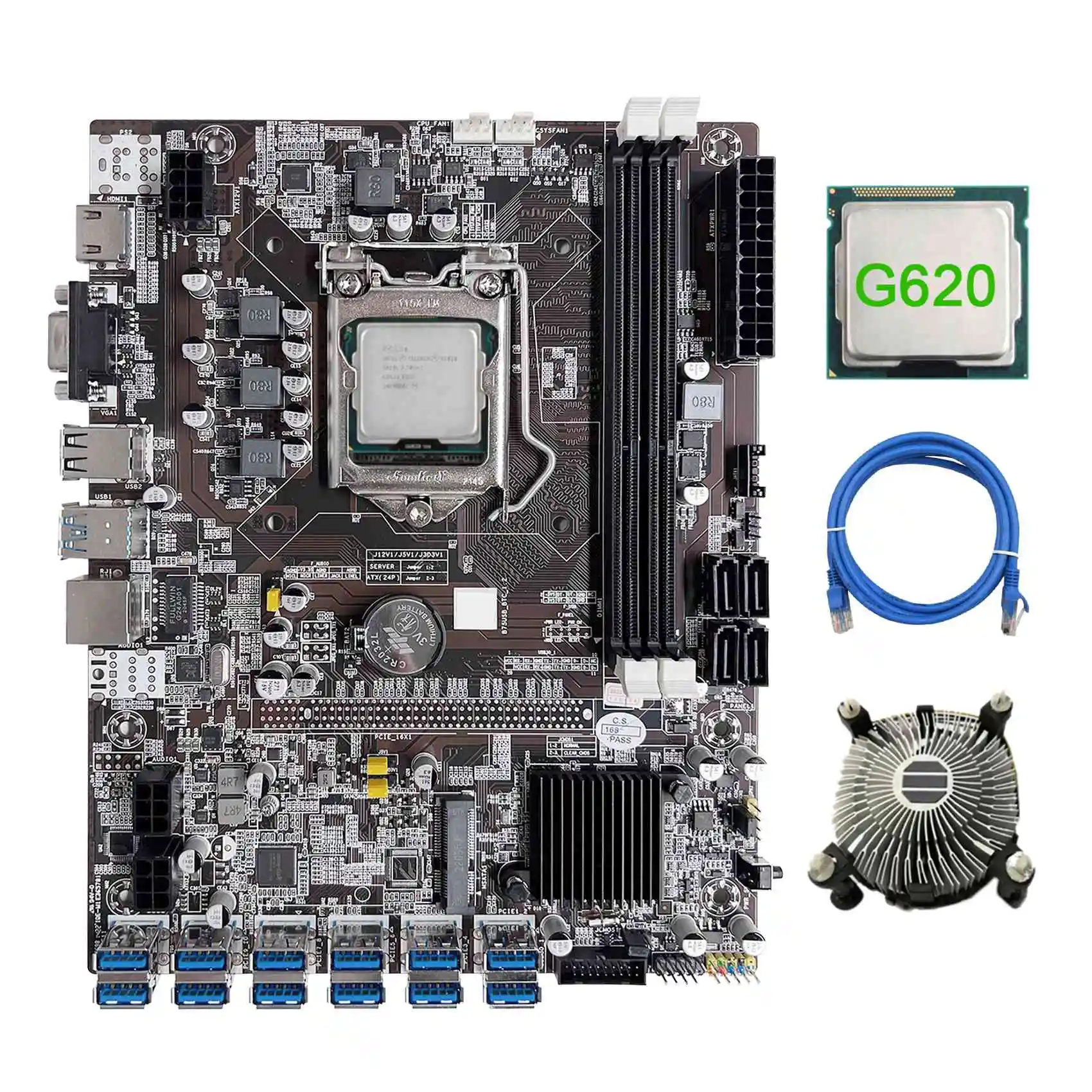 B75 12 Card BTC Mining Motherboard+G620 CPU+Cooling Fan+RJ45 Network Cable 12XUSB3.0(PCIE) Slot LGA1155 DDR3 RAM MSATA