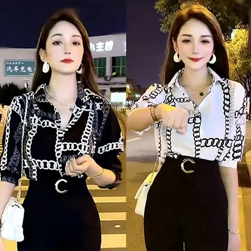 Женская рубашка и блузка с коротким рукавом белая одежда топы черным принтом для