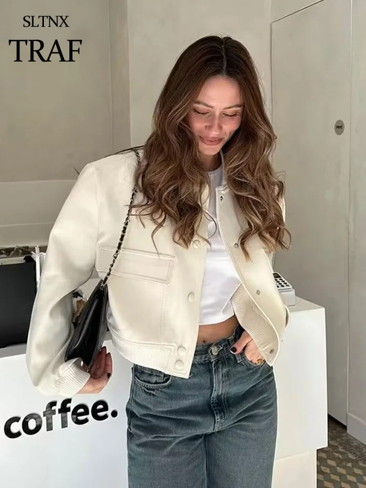 

SLTNX TRAF Women Bomber Jacket Fashion Spring Jackets With Pockets Vintage Female Long Sleeve Casual Coat New In Outerwear Tops