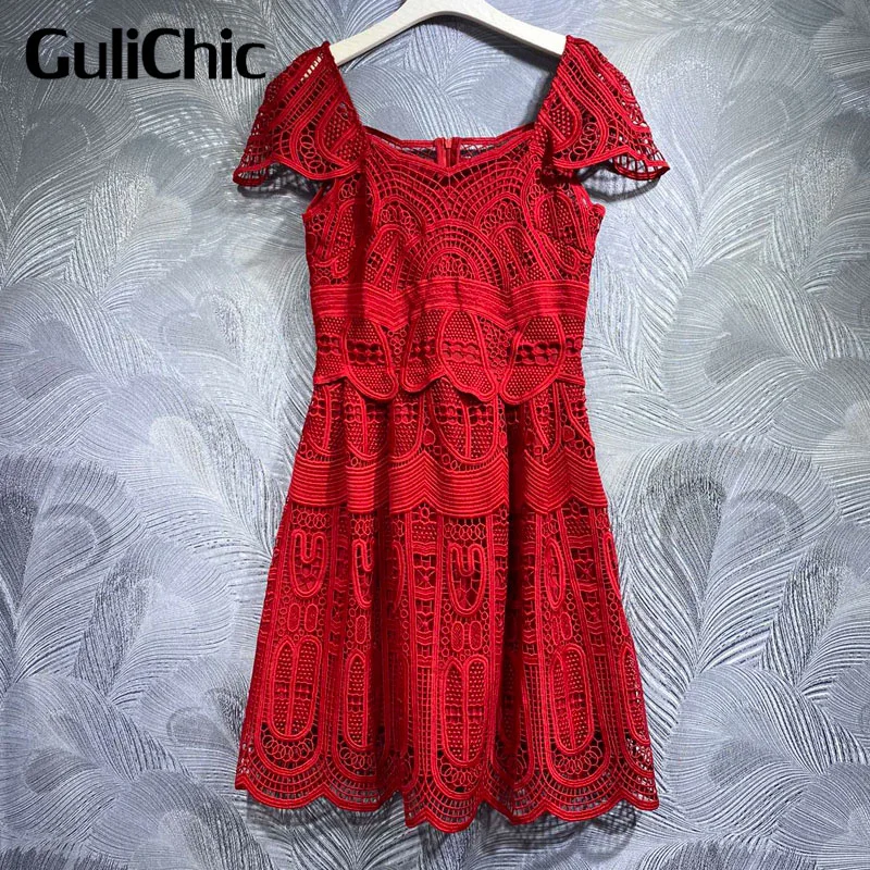 

7.2 GuliChic Runway Fashion Square Collar Short Sleeve Embroidery Hollow Out High Waist Slim Temperamnet Dress Women