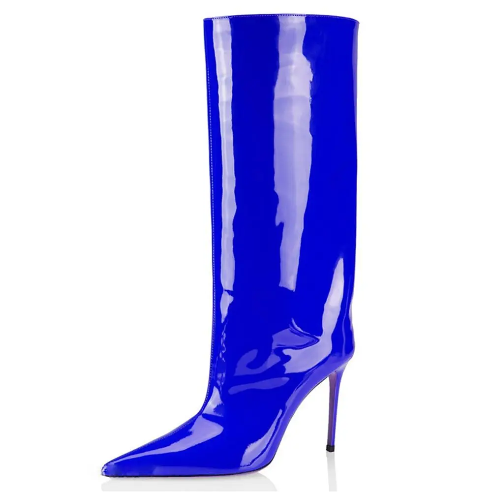 Sexy Ladies Pointed Toe High Heel Fashion Nightclub Short Naked Boots Patent Leather Mid Calf Boots Slip-On Shoes Plus Size 43