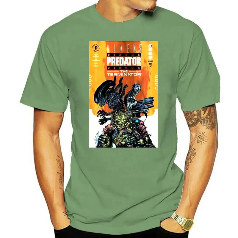 

Новая женская футболка с изображением инопланетянина против хищника и терминатора, футболка американского размера, летняя стильная повсед...