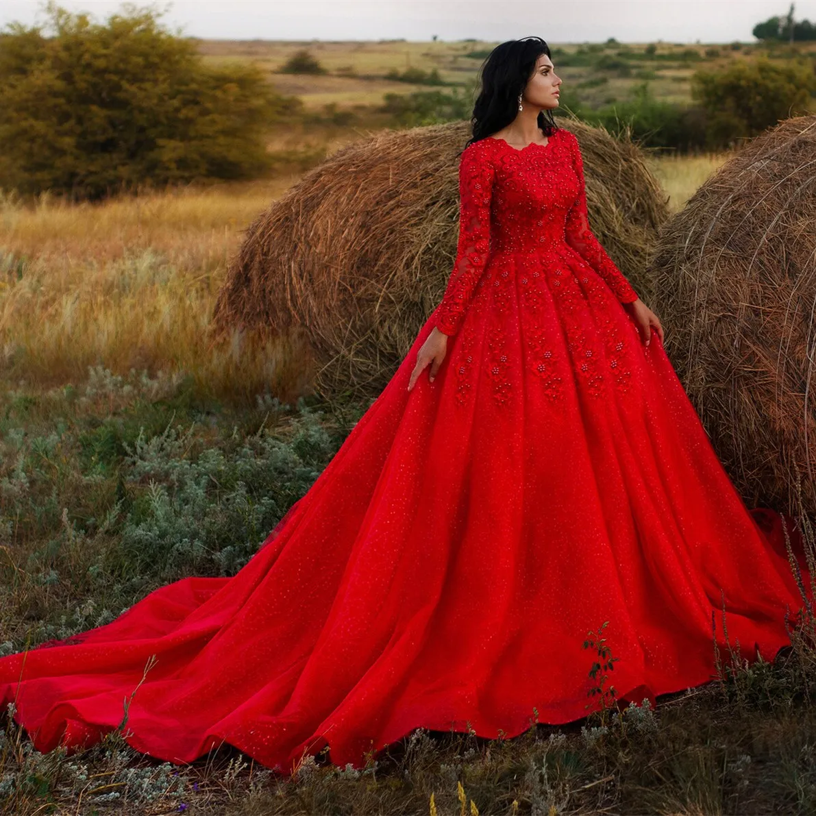 

Retro Dubai Lace Wedding Evening Dresses Bead Luxury Red Long Sleeves Saudi Arabic Wedding Gowns 2023 Moroccan Marriage