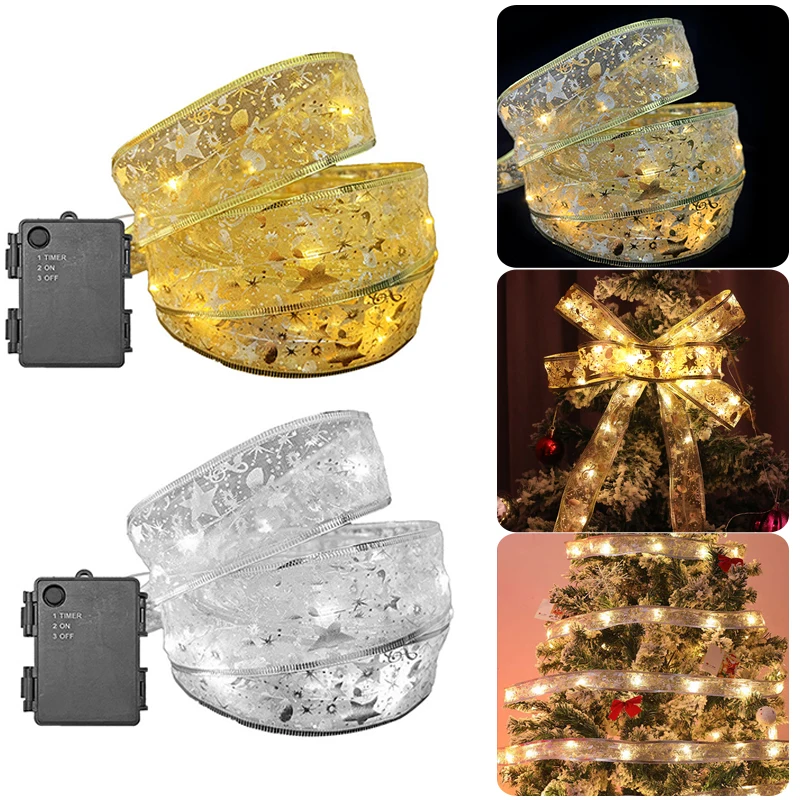 

Christmas Decoration LED Ribbon Lights Christmas Tree Ornaments DIY Lace Bows String Lights Navidad Home Decors New Year 2023