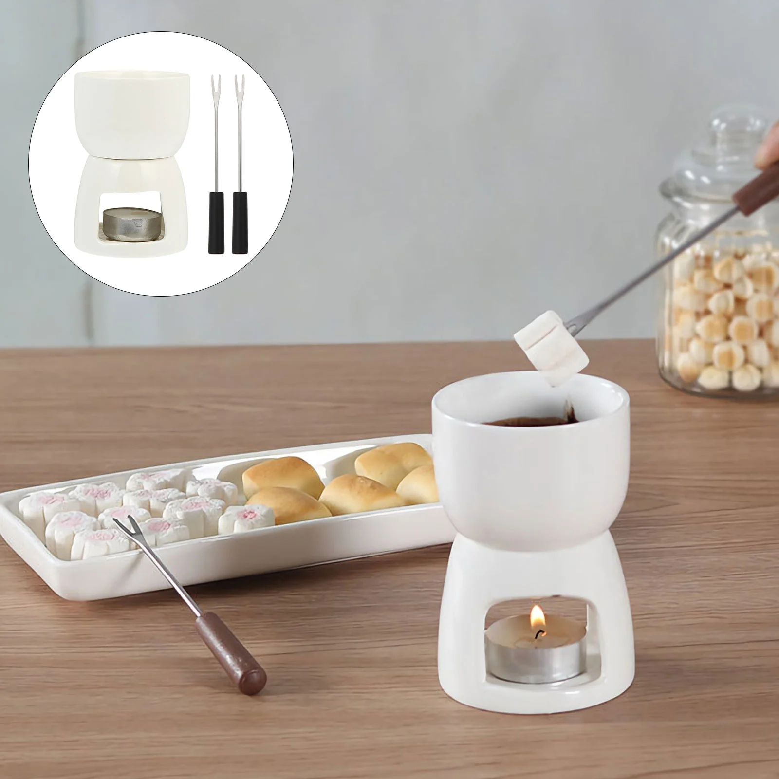 

1 Set Ceramic Fondue Ceramic Fondue Fondue With 2 Forks Butter Warmer Pot Double Boiler Steamer Porcelain Melting Pot