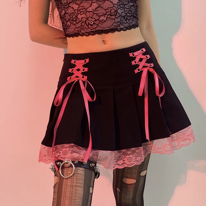 E-girl Gothic Lace Mini Pleated Skirt Women Punk Y2K Aesthetic High Waist A-Line Short Skirt 90s Vintage Harajuku Streetwear