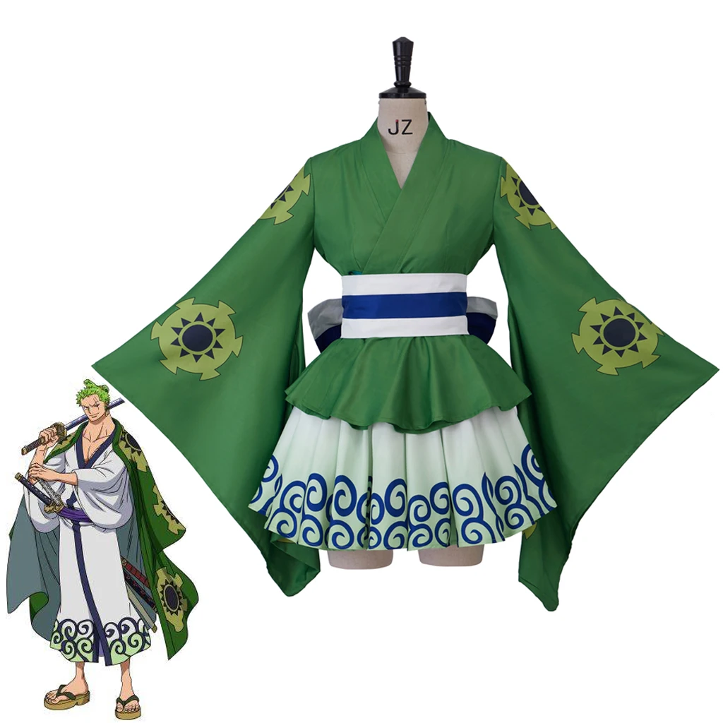

Roronoa Zoro Costume Green Printing Kimono Skirt Set Women Lolita Kimono Dress Suit Anime Cosplay Halloween Carnival Party Suit