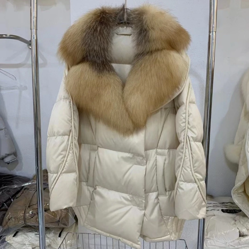 

Новинка, зимнее женское Свободное пальто большого размера с воротником из натурального Лисьего меха, Толстая теплая куртка, 90% белый утиный пух, роскошная верхняя одежда, женская уличная одежда