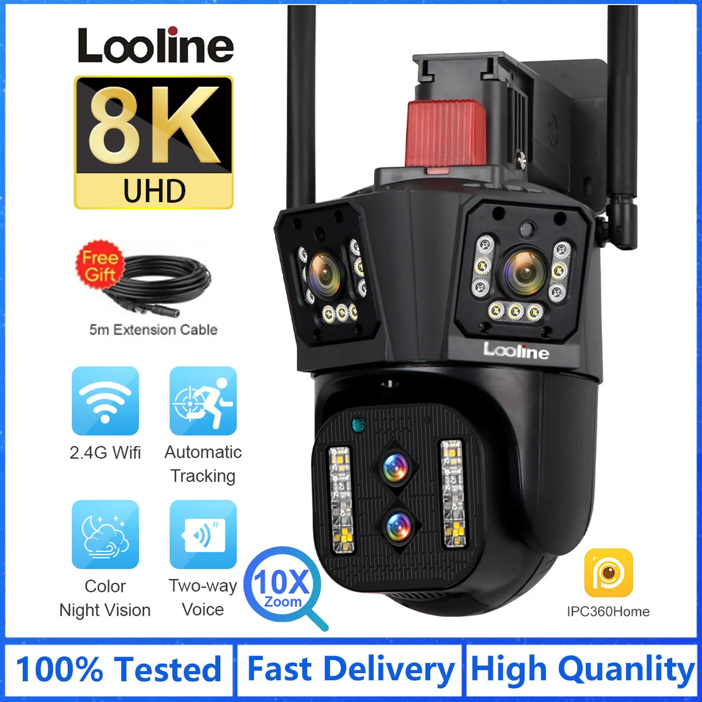 

Looline 8K UHD WIFI IP Camera Outdoor 10X Optical Zoom Auto Tracking 6K PTZ Four Lens Three Screen Waterproof Security Camera