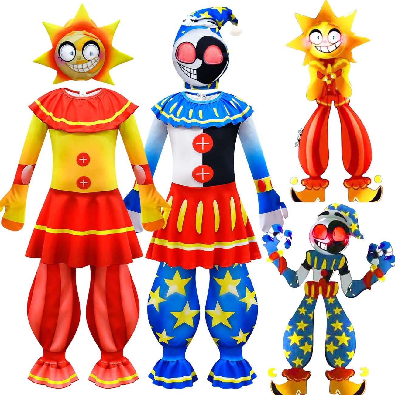 2023Fancy Kids Halloween Costumes Sundrop moondrop FNAF Cosplay Boys Girls Birthday Gift Party Sun clown Clothing Jumpsuits+Mask