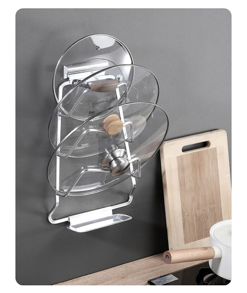 

Punch-free Wall Mounted Pot Lid Rack Stand with Drain Holder Aluminum Pan Cover Holder Cutting Board Storage Shelf Kitchen Tools